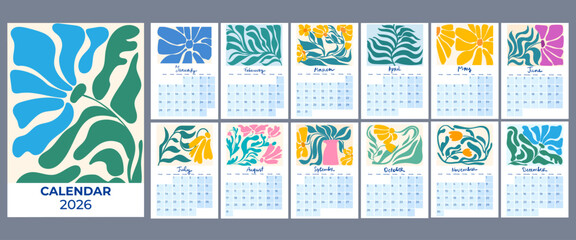 Printable 2026 Year Calendar with abstract flower illustration. Clean Layout, Monday Start. Hand drawn lettering. Minimalist Abstract Floral Art Prints