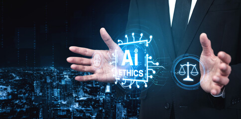 Fototapeta premium AI is transforming society, raising important ethics questions. Ethics in AI design ensures fairness. AI ethics promote responsible decision. Balancing AI power with strong ethics is essential. Spline
