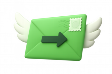 Green 3d flying envelope with wings, arrow, and stamp icon representing fast mail delivery and email communication