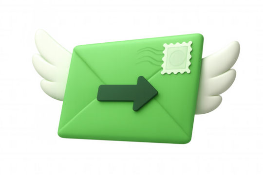 Green 3d flying envelope with wings, arrow, and stamp icon representing fast mail delivery and email communication - Powered by Adobe