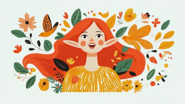Joyful elfin figure with flowing fiery hair, surrounded by lively botanical arrangement of colorful flowers and cheerful birds