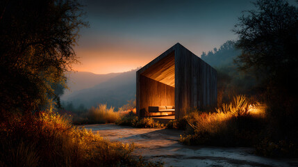 Minimal wood cabin in open meadow under orange sunset glow 
