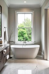 Luxurious Modern Bathroom Design Freestanding Tub, Marble Accents, Natural Light, Spa-Like Atmosphere