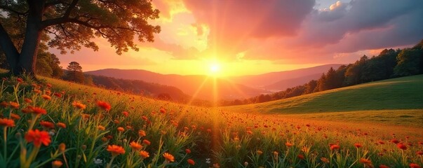 Serene Summer Sunset Landscape Peaceful Meadow at Golden Hour, Perfect for Relaxation and Spa Themes