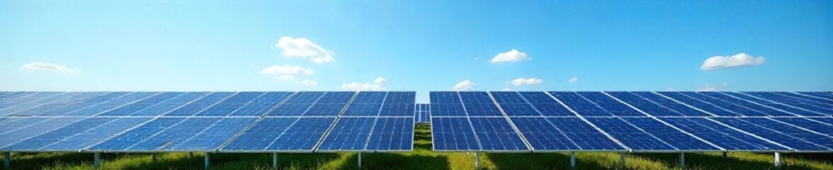 Clean Energy Solar Farm Rows of Solar Panels Generating Renewable Power Under a Bright Blue Sky