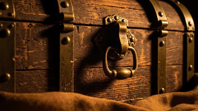 Antique wooden treasure chest with ornate metal fittings and a lion head handle, resting on burlap fabric vector illustration