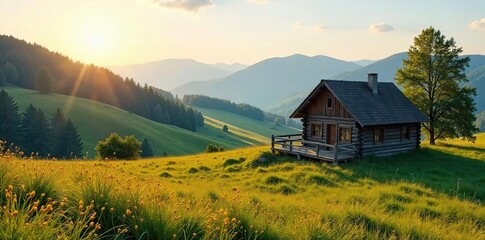 Rustic Cabin Retreat Peaceful Countryside Escape, Rolling Hills, Tranquil Serenity, Perfect for Relaxation