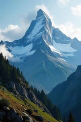 Majestic Mountain Peak Beckoning Adventurers Misty Summit, Challenging Slopes, Rugged Terrain, Raw Natures Beauty