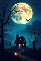Spooky Halloween Night Scene Full Moon, Bats, Haunted House Silhouette