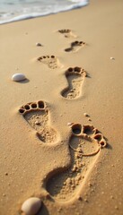Family Beach Holiday Fun Close-Up of Sand with Tiny Footprints and Seashells