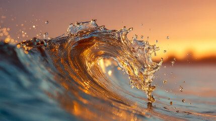 Golden sunlight reflecting through a translucent wave crest during ocean sunset with sparkling water droplets suspended in midair over calm sea surface