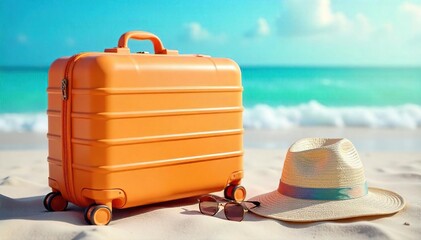 Tropical Vacation Packing Bright Suitcase, Sunglasses, and Sunhat on Sandy Beach
