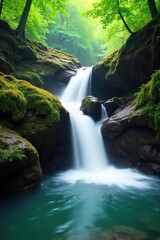 Serene Waterfall Cascading over Mossy Rocks Tranquil Nature Scene Ideal for Relaxation, Meditation, Spa, Travel, and Yoga Websites