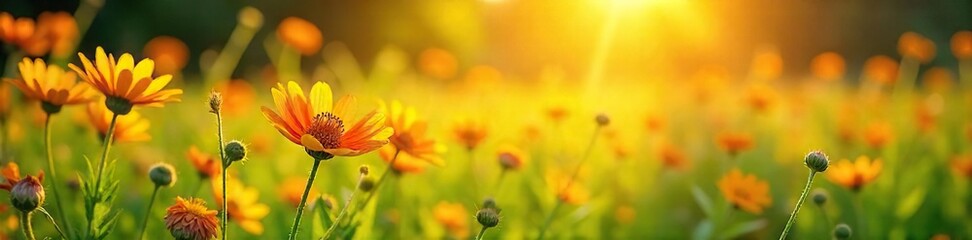 Sun-Drenched Wildflower Meadow Vibrant Summer Scene of Yellow, Orange, and Red Blossoms in Lush Green Field