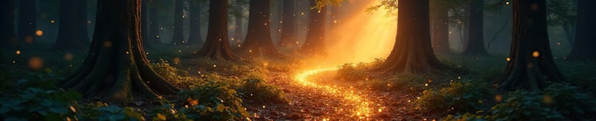 Mystical Forest Glow Golden Dust Swirls in Ancient Trees, Unveiling Hidden Magic