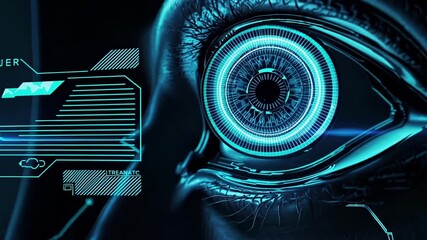 Futuristic blue neon cyber eye with digital interface concept of technology innovation, cybernetic vision, artificial intelligence - Powered by Adobe