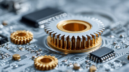 Close-up of high-precision mechanical gears and electronic components on a circuit board, highlighting advanced machinery and technology integration in electronics manufacturing