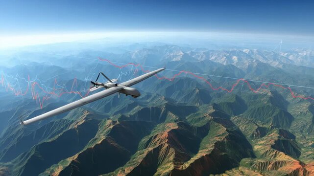Close view of a robotic drone navigating a largescale mountainous region executing automated mapping missions to collect comprehensive geological data.