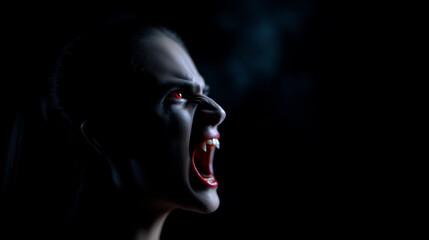 Cinematic close-up of a monstrous vampire screaming with blood-stained mouth and glowing red eyes, dark gothic horror atmosphere