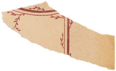 Torn piece of faded vintage book page, old paper scrap with red floral pattern isolated for collage