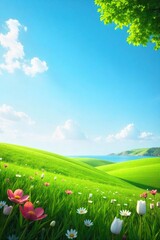 Lush Green Field of Blooming Flowers Under a Clear Blue Sky Celebrating the Beauty of Nature and Earth Day
