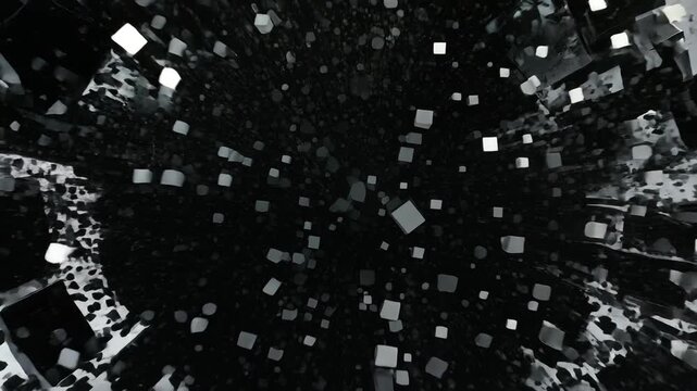 A futuristic 3D sphere of black cubes disintegrates in a dynamic swirl of cubed fragments, floating against a minimalist gray background with a subtle light effect fading to dark