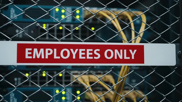 Server room with employees only sign on a metal fence, indicating restricted access to technology and data vector illustration