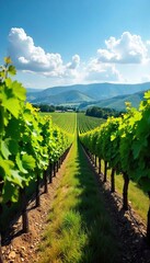 Golden Hour Vineyard Harvest Sunlit Grapevines Stretching to the Horizon, Lush Greenery and Rolling Hills Create a Stunning Landscape Perfect for Wine Country Tourism and Relaxation.
