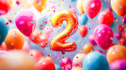 Colorful celebration with balloons and a sparkling number two foil balloon