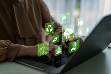 Naklejka premium ESG concept integrates environmental, social, and governance practices to promote sustainability, responsibility, and ethical business development Latch