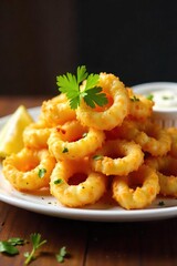 Crispy Golden Calamari Fries with Lemon & Parsley, Served with Tartar Sauce - Perfect Appetizer