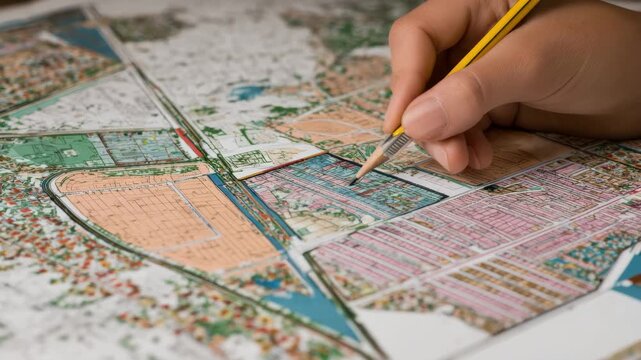 Planner tracing zoning boundaries on a detailed city map to designate residential and commercial areas for sustainable urban development