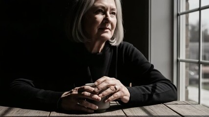 Elderly woman sitting by the window holding a cup of tea, peaceful morning reflection in soft natural light - Powered by Adobe
