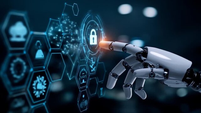 Robot hand activating security lock on digital interface concept - Powered by Adobe