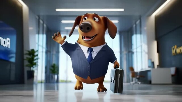 dachshund dog in business suit walking through office with briefcase, smiling and waving paw. office humor, corporate lifestyle, anthropomorphic animal character
