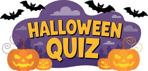 Vector art of halloween quiz banner with pumpkins and bats for festive trivia fun