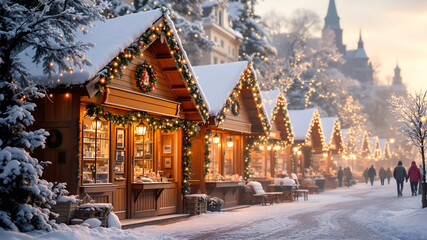 Snowy Christmas market with decorated wooden stalls and lights at dusk