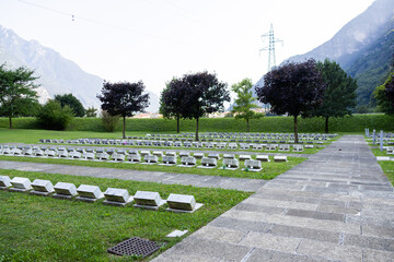 Cemetery of the Vajont with graves of the victims in Longarone, Italy