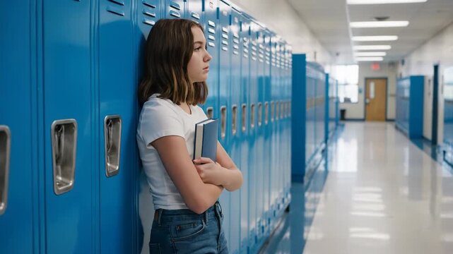 A sad teenage girl leans against blue lockers in a school hallway, holding a book and looking down vector illustration