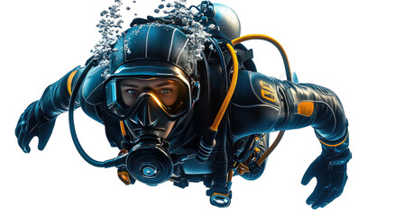 Diver in black wetsuit, front view, underwater with bubbles overhead