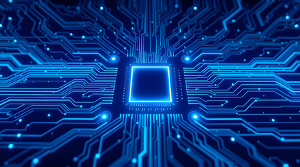 A visually striking image of a glowing blue circuit board with a central microchip processor, representing technology, artificial intelligence, and the future of computing. The intricate network of li