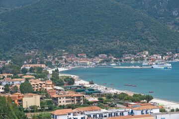 Obraz premium Sunset view of village of Vasiliki at Lefkada, Greece