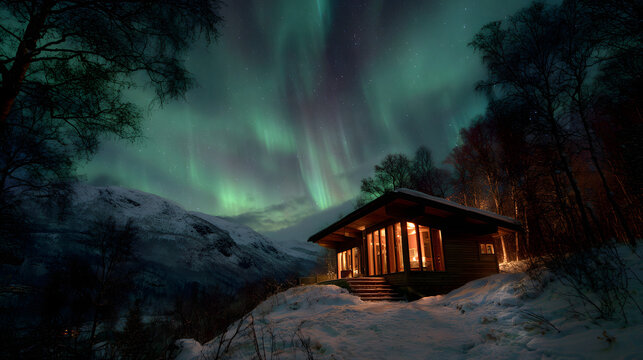 Remote cabin glowing warmly in snowy wilderness under northern lights - Powered by Adobe