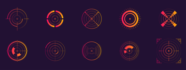 Crosshair HUD elements with neon orange pink gradient in futuristic sci-fi style © Viktoriia Kalganov