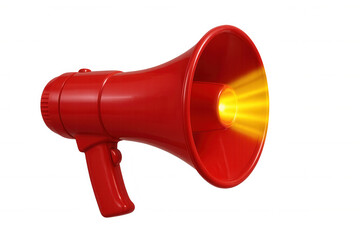 Red megaphone amplifying sound with radiating yellow light, communicating important news, announcement, and alert to the public