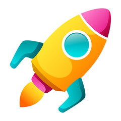 A vibrant cartoon rocket ship blasting off with colorful flames and a white circular window against a transparent background