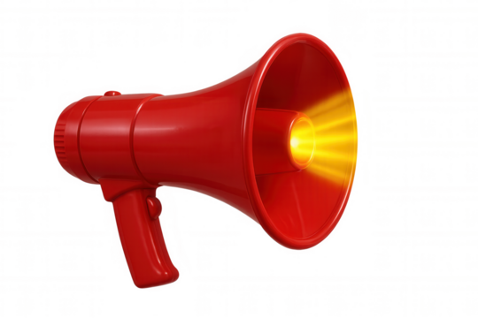 Red megaphone amplifying sound with radiating yellow light, communicating important news, announcement, and alert to the public