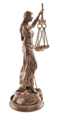 Bronze Lady of Justice Statue Isolated on a Transparent Background. Transparent PNG.