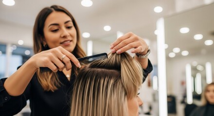 Fototapeta premium Woman hairdresser combing client's blonde hair at salon. Hair care and treatment. Hair stylist at work concept.