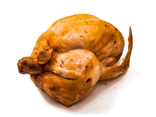 A whole chicken is sitting on a white background. The chicken is brown and has a crispy skin. Popular poultry product cooked to top standard. Food industry.